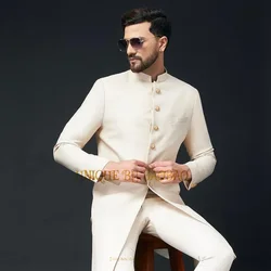 Mens Ivory Suits 2-piece Classic Traditional Long NAWABI Indowestern Paired Jacket Pants Wedding Groom Banquet Xmas Party Wear