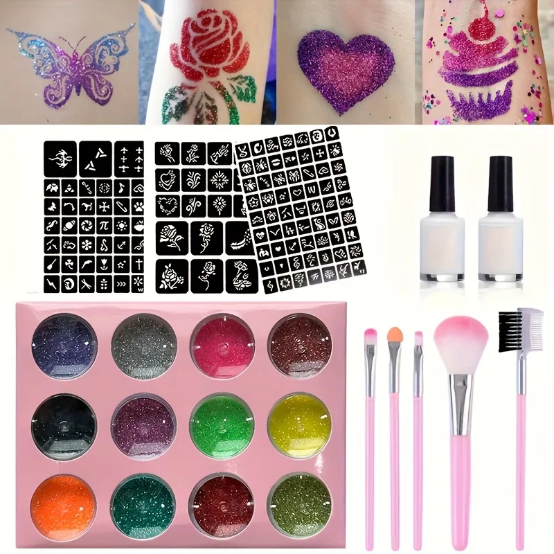 

Glitter Temporary Tattoo Set 24 Colors with 2 Bottles of Glue,3 Sheets of Stencil Paper for Stage Performances,Christmas Parties