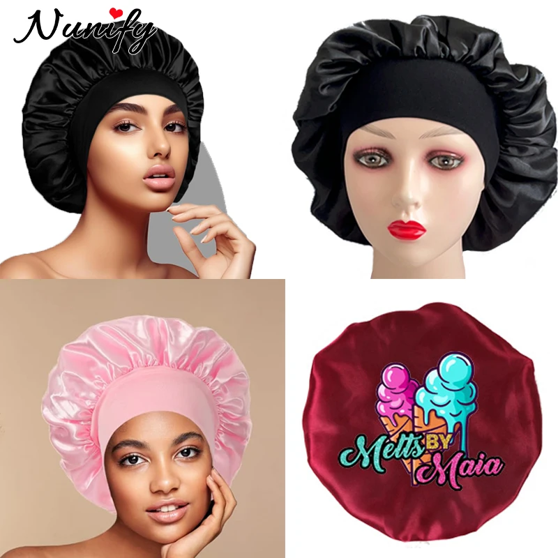 

Customize Satin Solid Head Cover Bonnet With Logo 5Pcs Brown Wide Elastic Night Sleep Cap For Women Personalize Silk Hair Bonnet