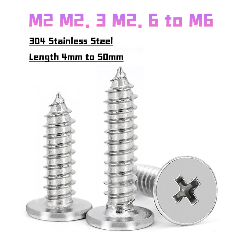 M2 M2.3 M2.6 M3 M3.5 M4 M5 M6 304 Stainless Steel Cross Phillips Ultra Thin Flat Wafer Head Self-tapping Wood Screw L4mm to 50mm