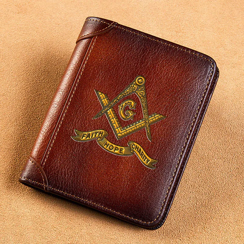 

High Quality Genuine Leather Wallet Freemason Faith Hope Charity Printing Standard Purse BK442