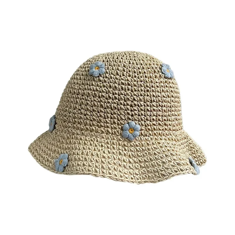 Summer Sun Hat Women Straw Crochet Bucket Hat Women\'s Foldable Panama Cap UV Sun Cap Boho Flower Fishing Hat Vacation Beach Hat