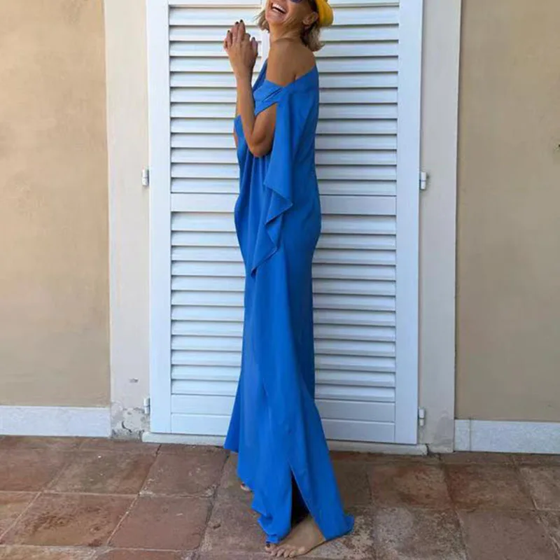 Woman Evening Dresses Elegant Inclined Shoulder Hollow Solid Asymmetric Dress Spring Summer Skew Collar Backless Slit Long Dress