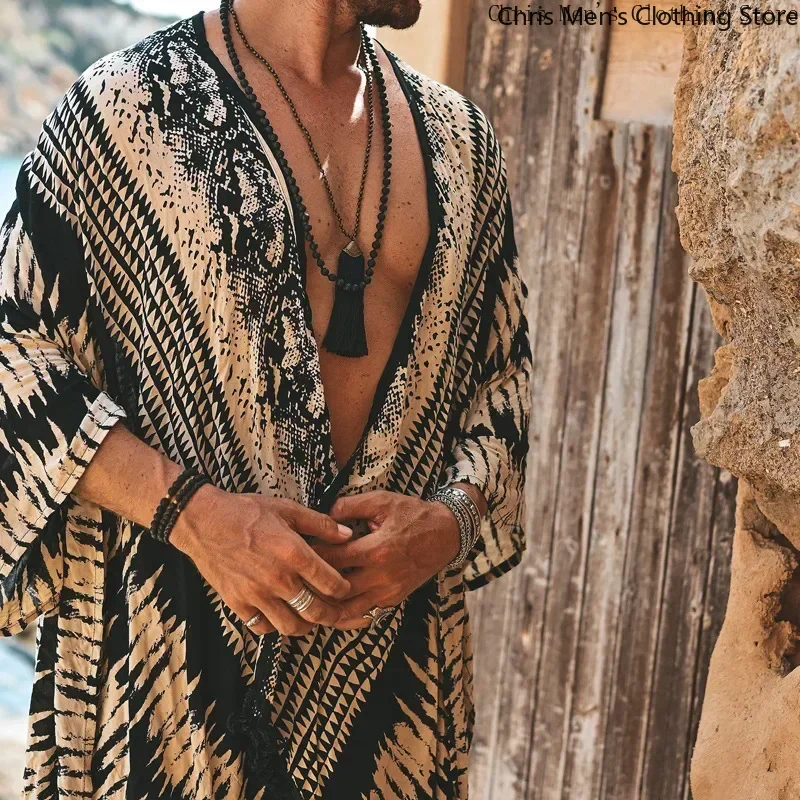 Bohemian Travel Casual Men's Cardigan New Retro National Style Holiday Cardigan Shirt Men's Charm Beach Sunscreen Shirt  T-shirt