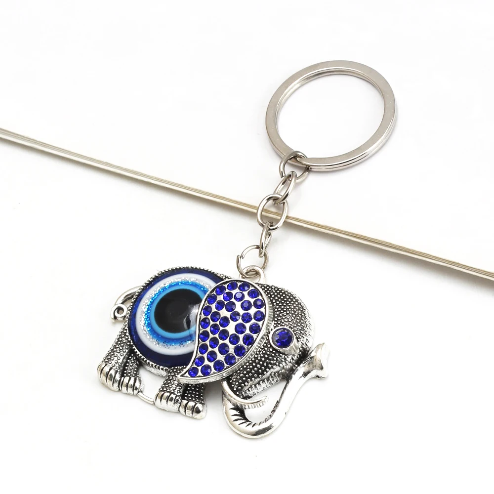 Lucky Eye Alloy Elephant Pendant Keychain Blue Turkish Evil Eye Key Chain for Women Men Jewelry llavero porte clé מחזיק מפתחות