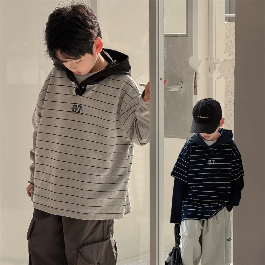 

New Kids Designer Spring Fake Two Pieces Sleeve Hooded Sweatshirt for Teen Boys Cotton Hoodies Outfit Child Street Clothing Coat