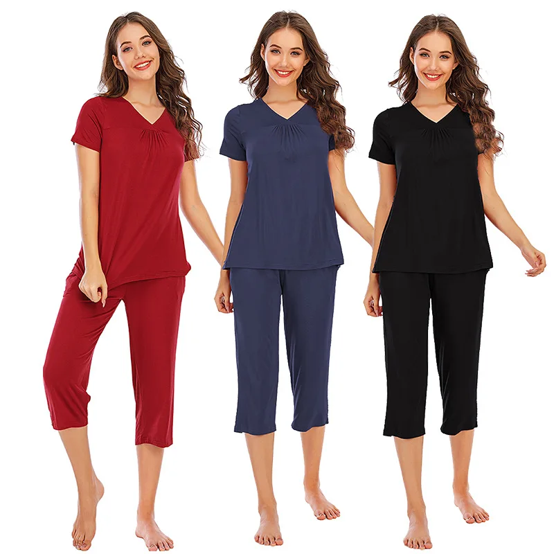 Modal Short Sets Summer Pijama Capris Two Piece Loungewear Pajamas Sexy V-Neck Solid Loose Fit Women's Home Clothes Sleepwear