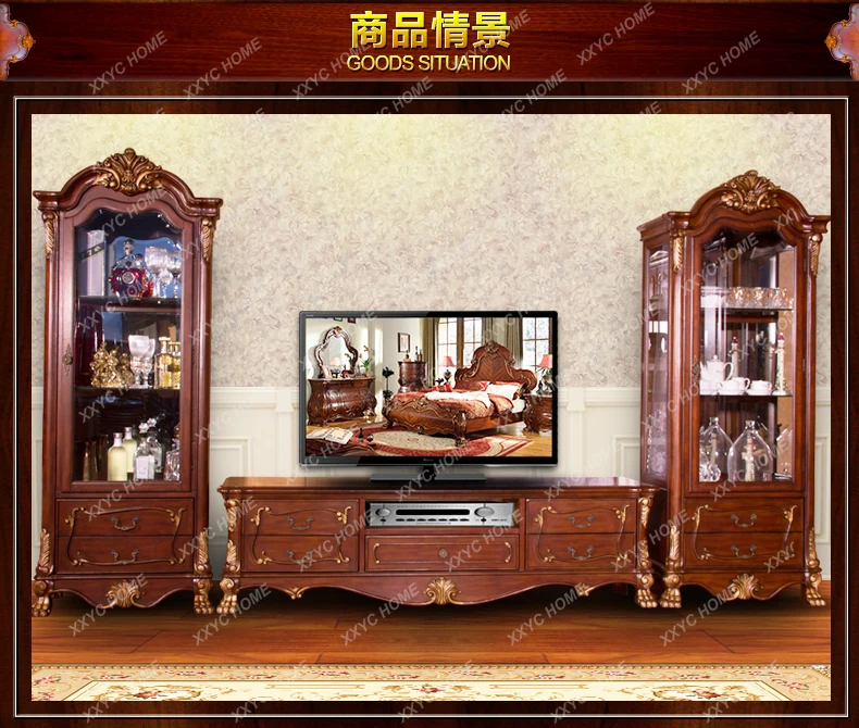 log carved TV living room floor cabinet  audio-visual cabinet bedroom storage square whole chest cabinet