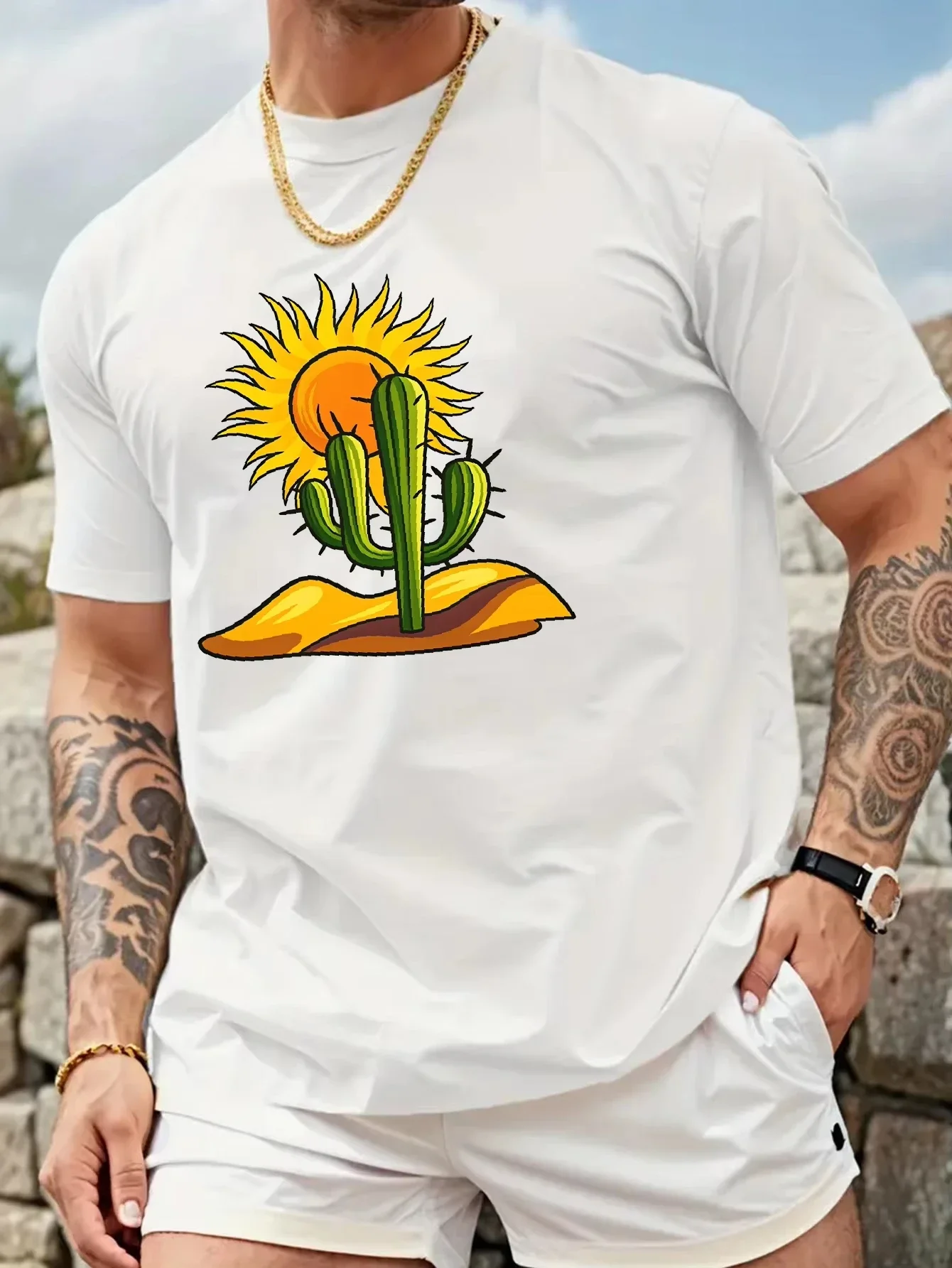 Simple Style Sun and Cactus Print Round Neck Short Sleeved T-shirt Comfortable Casual Short Sleeved T-shirt in Summer