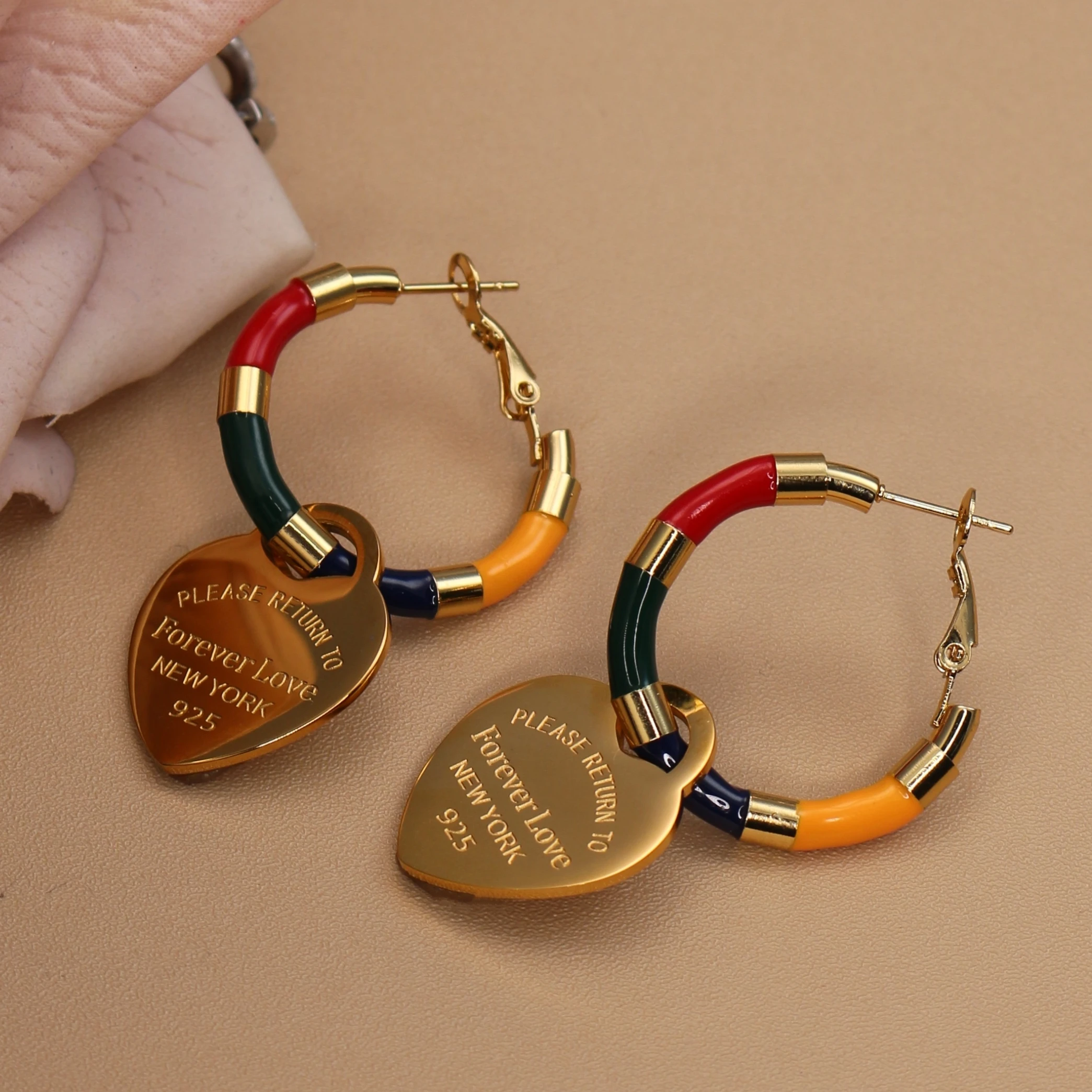 Colourful Resort Style Earrings Heart Pendant Women's Stud Earrings Gold Color Stainless Steel Charm jewellery Accessories Gift