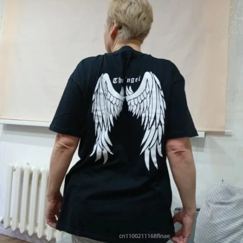 천사 날개가 인쇄된 여성 스트리트 댄스 의류 반팔 티셔츠, 여성 여름 복고풍 트렌드 인쇄 힙합 패션