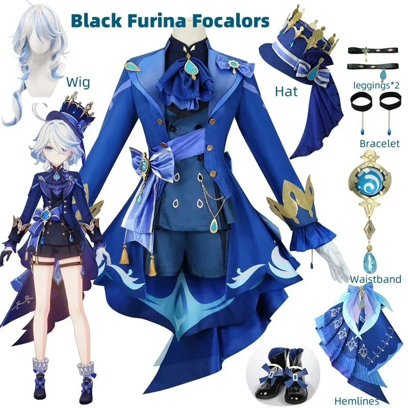 CHIOS Furina Cosplay Costume Wig Hair Impact Fontaine Focalors with Hat Black Suits High Heel Cosplay Shoes for Women OutfCHIOS