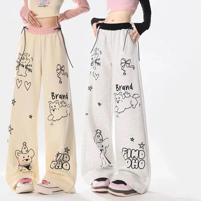 American Vintage Hand-Painted Loose Straight Pants Women\'s Elastic High Waist Drawstring Pocket Student Sports Wide Leg Trousers