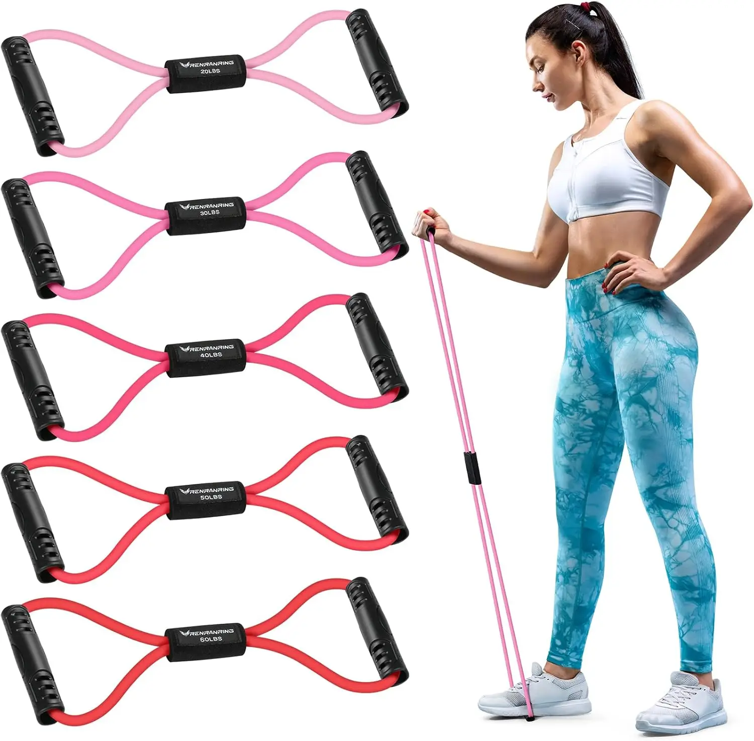 5PCS Figure 8 Fitness Resistance Bands with Handles - Exercise Tube Band Set for Arm and Shoulder Stretch, Rope 8 Word Elastic f