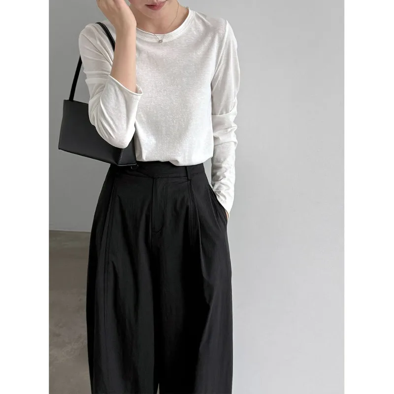 Korean-style Slanted Lapel Patchwork Pleated Wide-leg Pants for Women's Autumn New Casual and Versatile Straight-leg Pants 2026