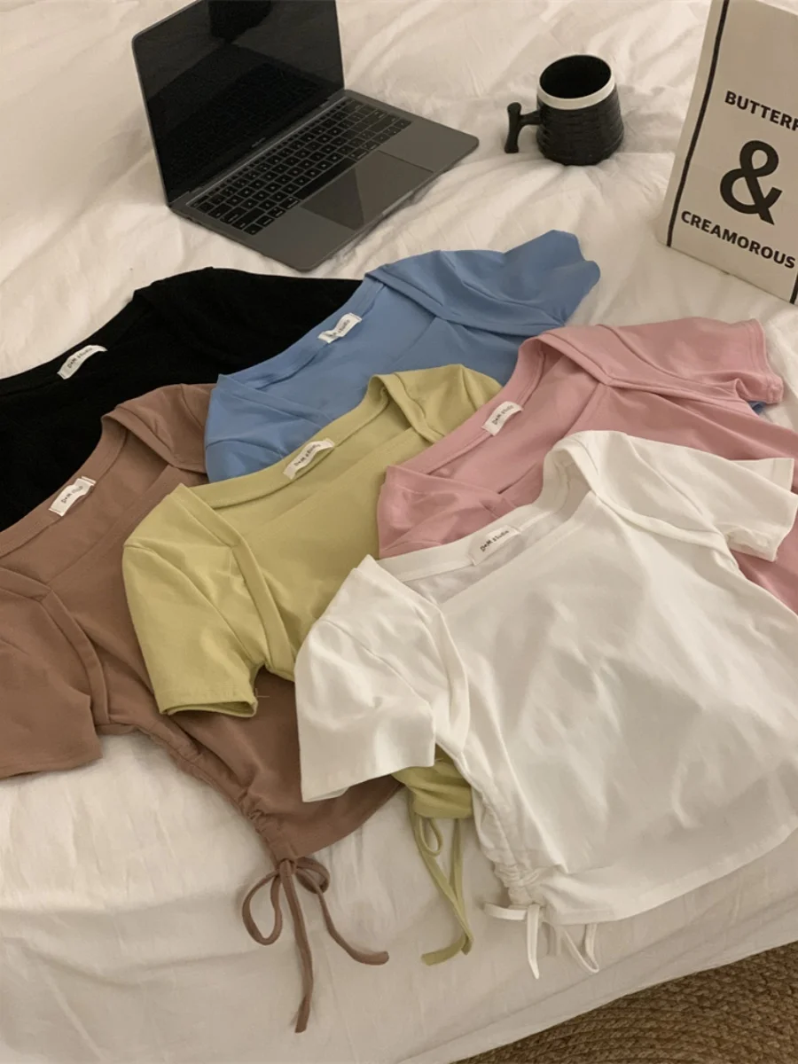 เสื้อยืดผู้หญิง แขนยาว ผูกโบว์ สีพื้น เรียบง่าย สไตล์ลำลอง สำหรับฤดูร้อน คอกลม ความยาวอื่นๆ 00%