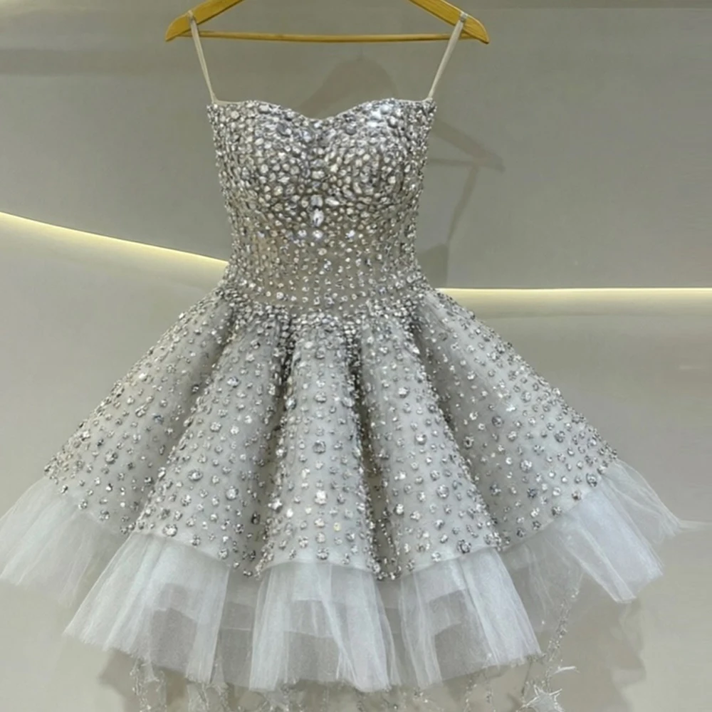 

Sparkly Spaghetti Straps Evening Dress Exquisite Crystal Customized Celebrity Gowns Luxury Organza Lace Up Back Party Dresses