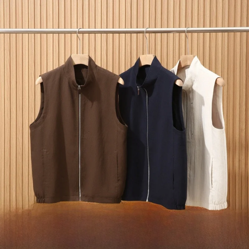 

Linen Men's Vest Lightweight Casual Stand Collar Shoulder Pad Vest Spring Fashion Outerwear Comfortable Loose Fit