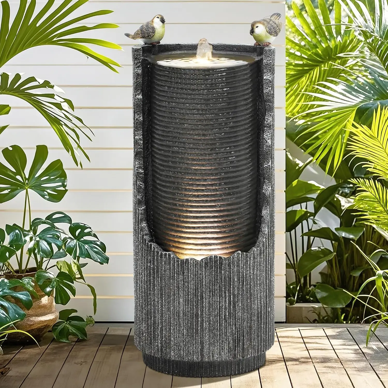 32 Inch Bird Outdoor Fountain Distressed Fluted Column Lights Polyresin Concrete Inspired Water Feature Bird Sculpture Gentle Ca