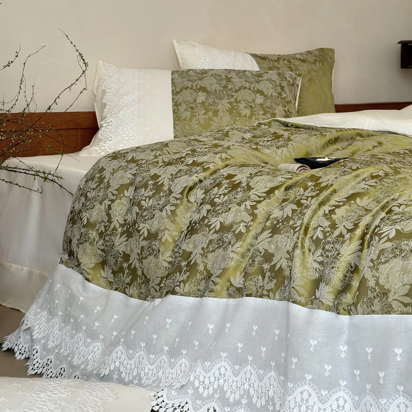 Vintage Jacquard Lace Edge Luxury Bedding Set 1000TC Egyptian Cotton Duvet Cover Bed Sheet/Fitted Sheet Pillowcases 4Pcs