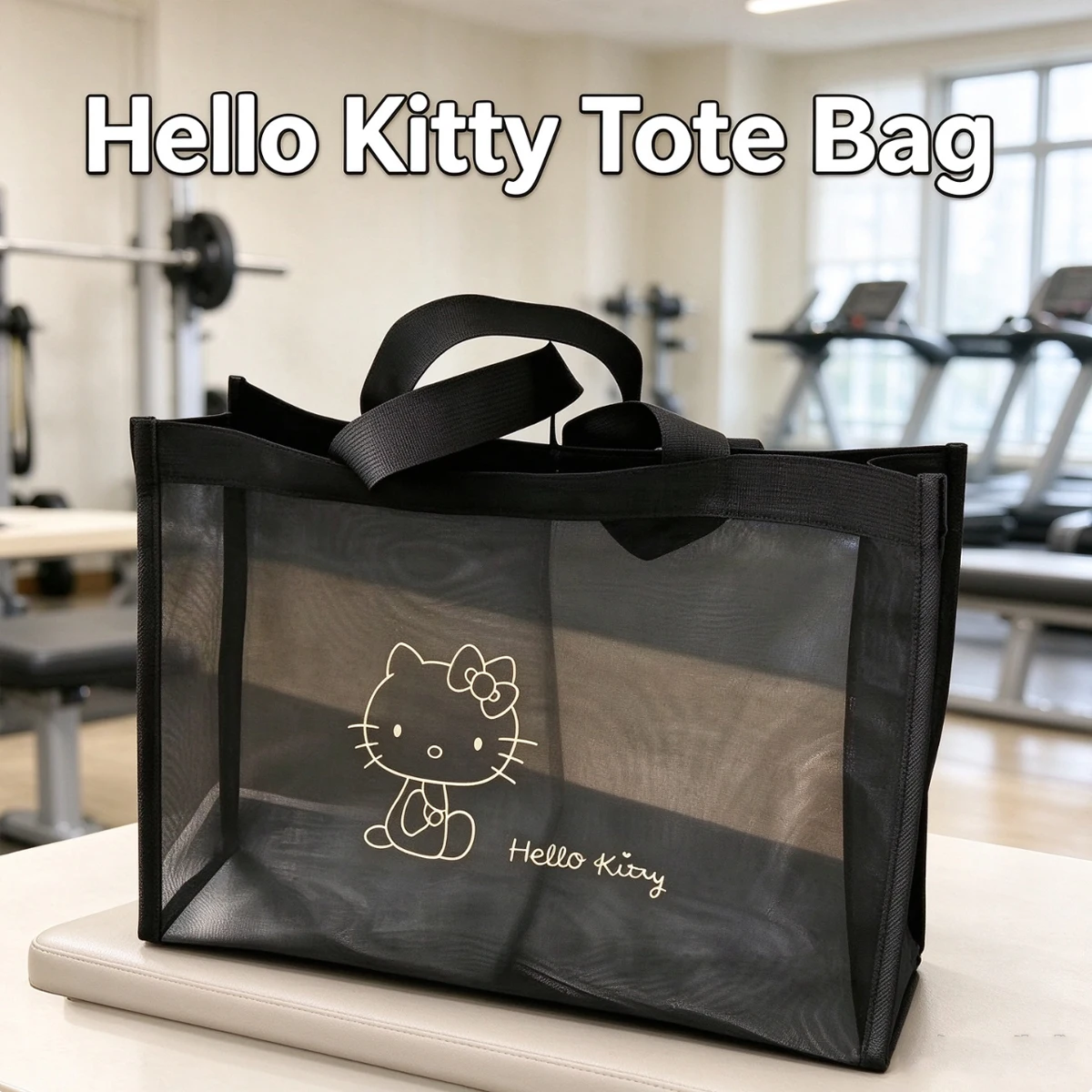 Sanrio Hello Kitty Large-Capacity Transparent Nylon Mesh Tote – Portable Shoulder/Handbag for Beach, Travel, School, and Work