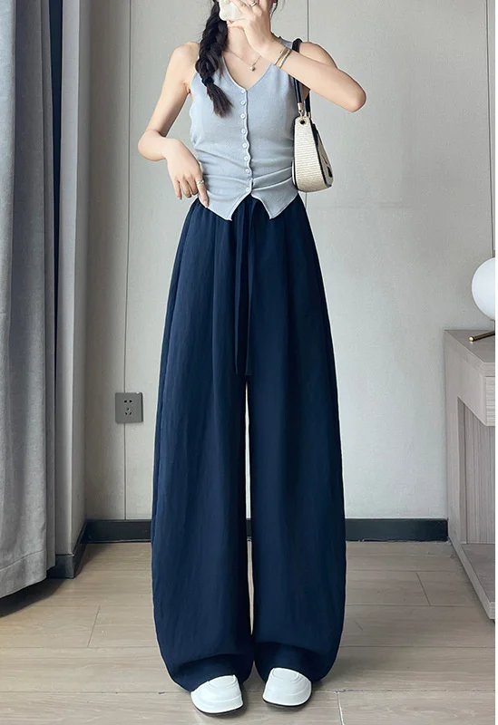 ワイドレッグパンツ ガールズ 日本 レディース 夏 アーバン カジュアル トレンド レギュラーフィット アウトドア ホリデー 通気性 モーダル 中空 ソフトパンツ