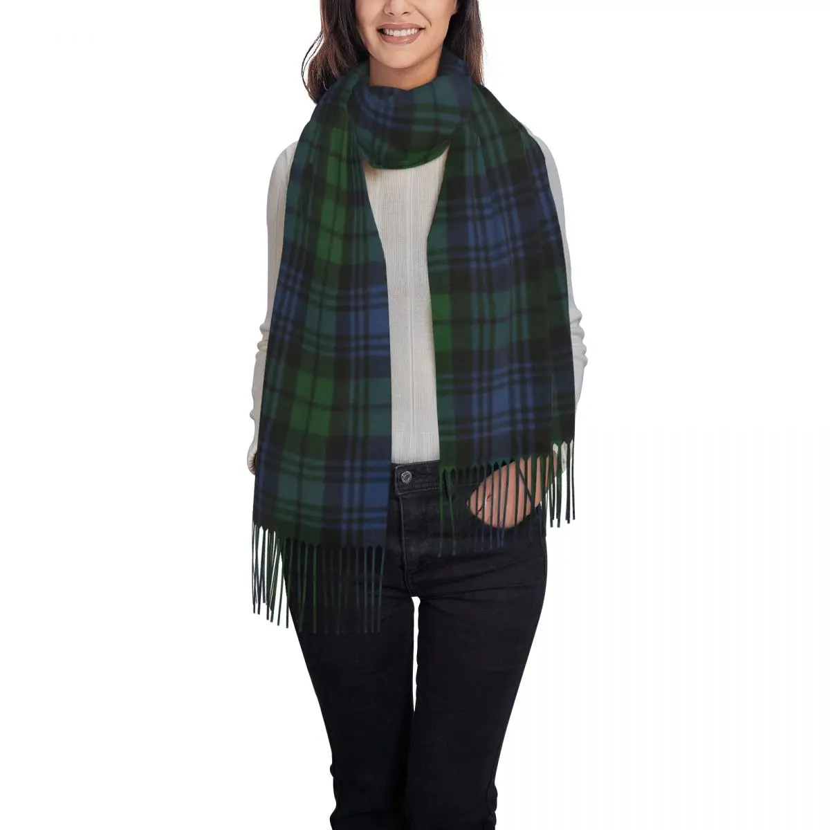 Black Ancient Scottish Tartan Tassel Scarf Women Soft Plaid Check Geometric Shawls Wraps Ladies Winter Fall Scarves