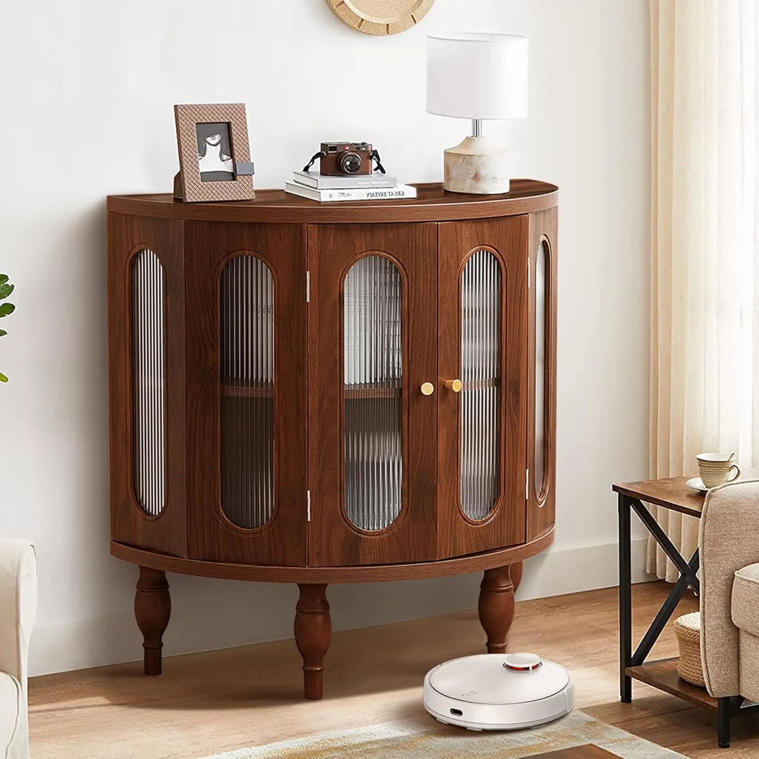 

31" Semi-Circle Buffet Cabinet Wood Finish Acrylic Doors Storage Console Living Room Entryway Customized