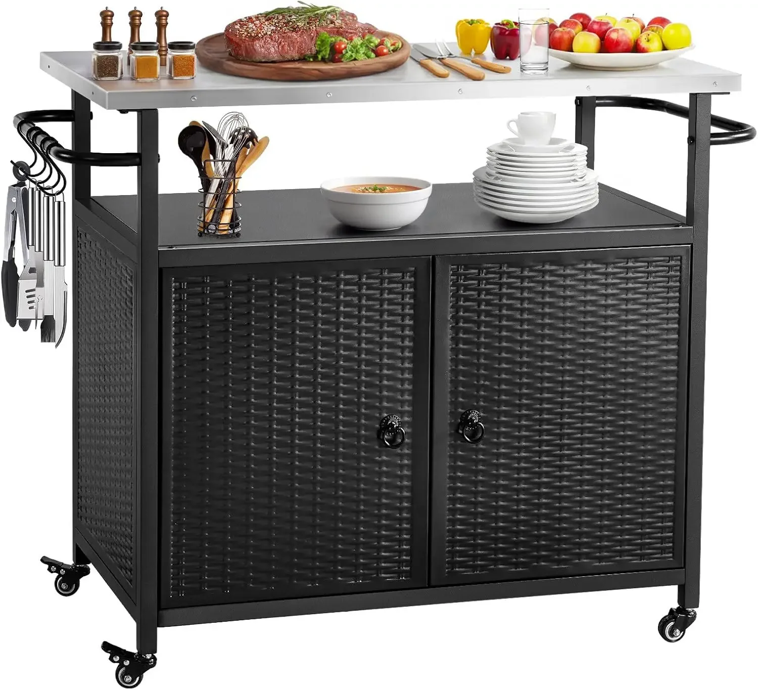 Outdoor Bar Cart with Wheels, Kitchen Island Cart with Stainless Steel Top for BBQ, Patio, Backyard