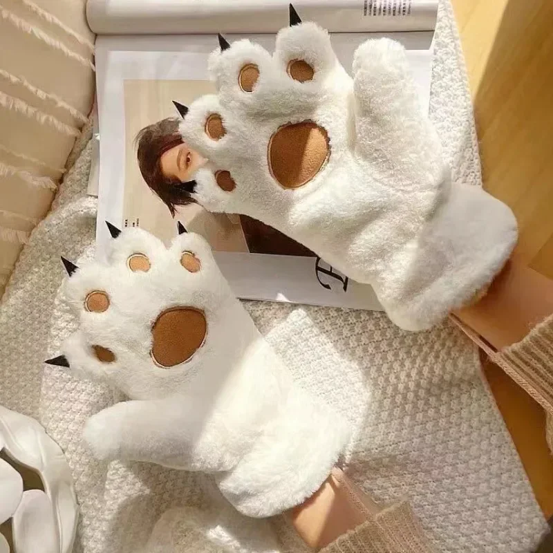 2024 Women Gloves Bear Palm Paw Animals Plushclaw Glove Winter Fluffy Cat Paw Full Finger Gloves Keep Warm Kawaii Furry Mittens