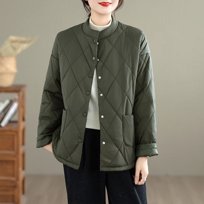

Artistic High-density Cotton down Jacket round Neck Salty Cabbage Green Large Size Premium Anti-aging New Style Women's Coat