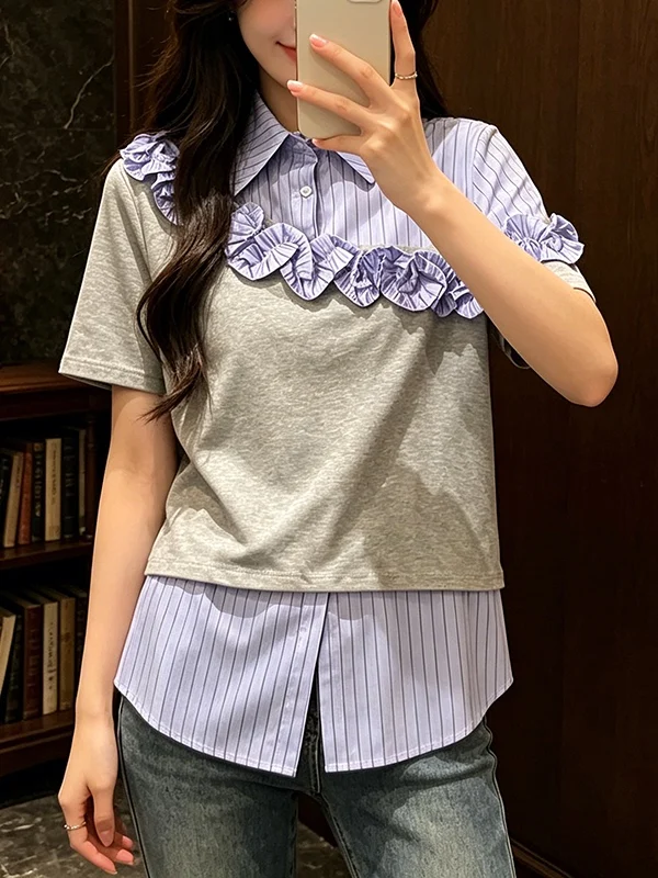 

plus Size Women's Summer 2026 Striped Turn-down Collar Shirt Floral Slimming Short Sleeve Versatile Top Korean Style Commute ...