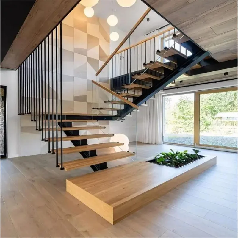 custom.Designer Mono Stringer Staircase Floating Look With Steel Structure and Timber Treads Modern Interior
