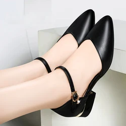 Comfortable Square Heels Office Ladies Working Shoes Soft Pu Leather Low Heel Pumps Women Ankle Strap Classic Black Shoes Woman