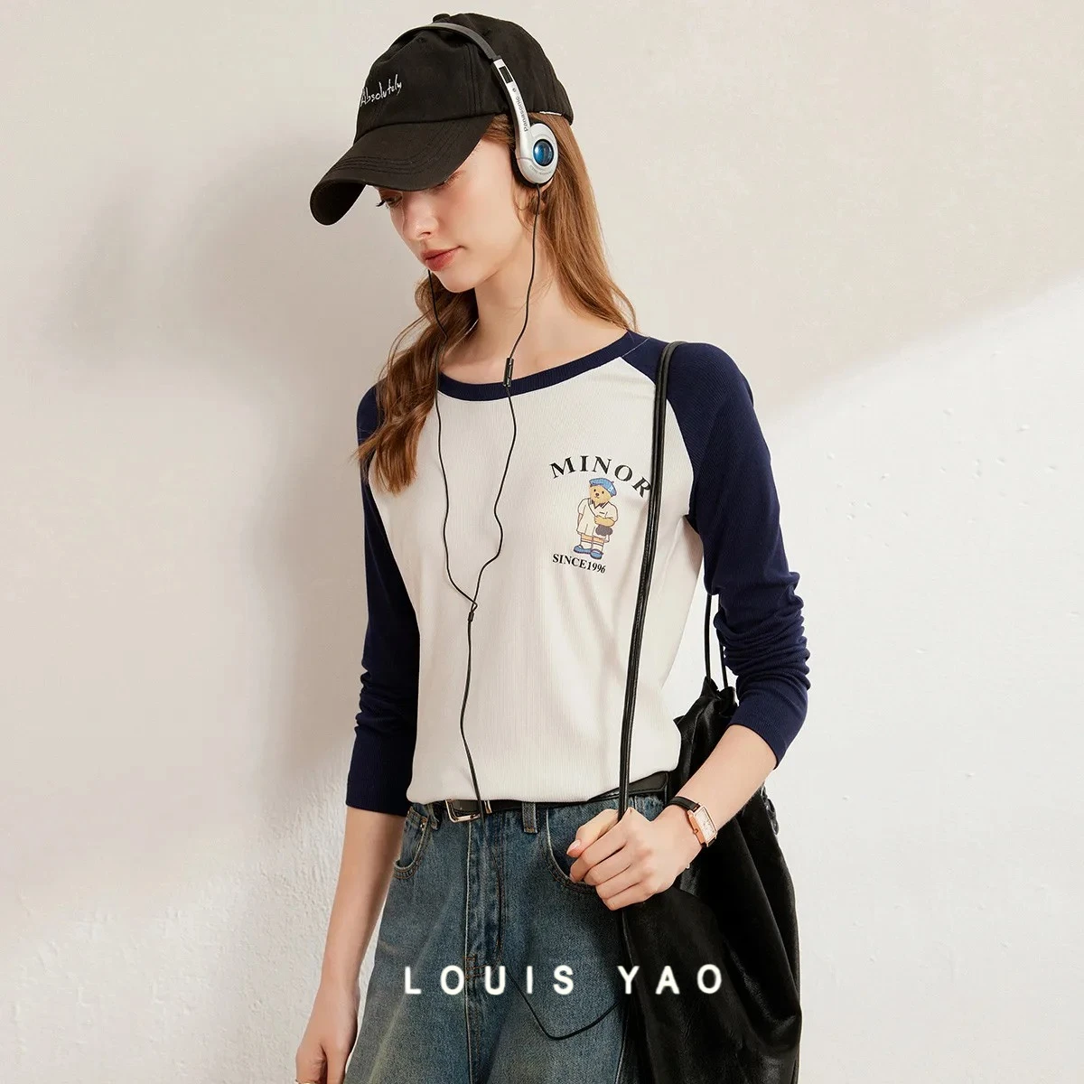 

Color Blocked Shoulder Sleeve T-shirt Fashion Casual Round Neck Long Sleeve Printed Women's Tees Top women Spring New 2025