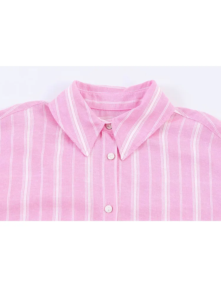 HH 2026 Woman New Fashion Stripes Pink Lapel Single Breasted Long Sleeves Shirt+Zipper Splicing Pleated Long Skirt 2 Piece Set view 5