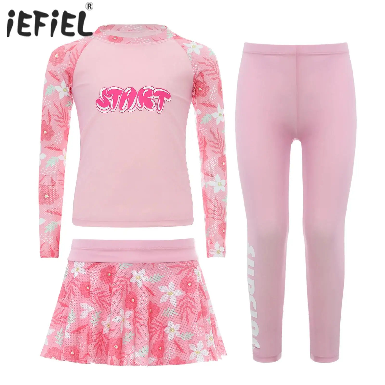 

Kids Girls Three Pieces Swimsuit Long Sleeves Zipper Tops with Pants and Skirt Set Swimwear Summer Beach Rashguard Bathing Suits