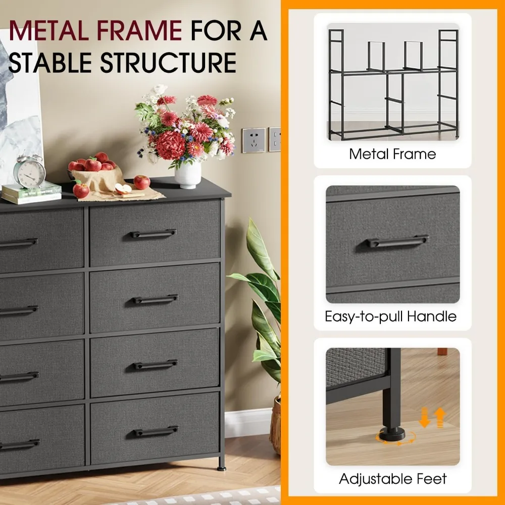 خزانة قماش ذات 8 أدراج بإطار معدني وسطح خشبي، برج تخزين طويل للخزانة، غرفة المعيشة، مدخل باللون الرمادي