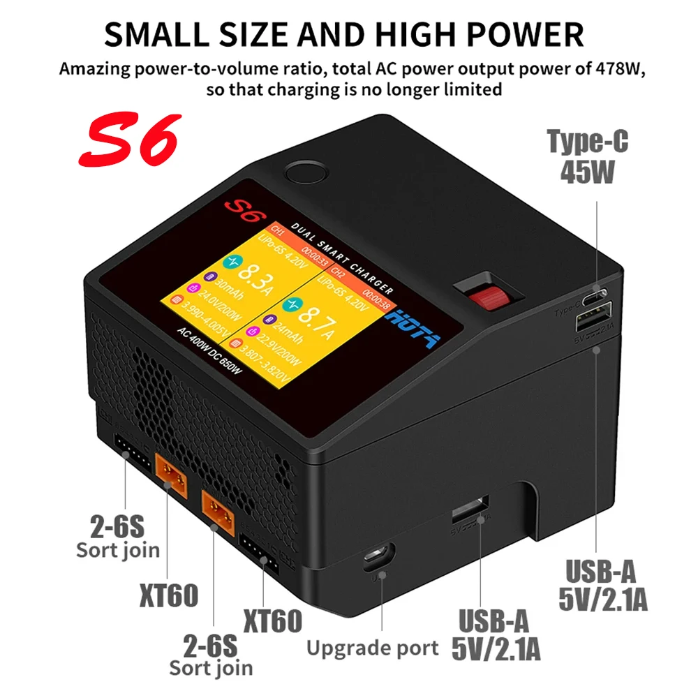 

HOTA New S6 Model Car Lithium Battery Balance Charger AC 400W DC 650W Dual Channel Smart Charging Accessories CN Plug
