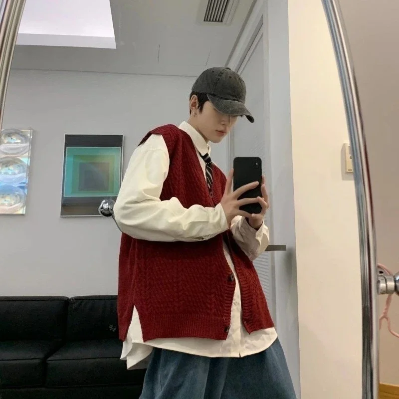 

Men's Spring Autumn Knit Cardigan Vest Vintage Hong Kong Style Korean Couple Solid Color Button V-Neck Side Slit Versatile Vest
