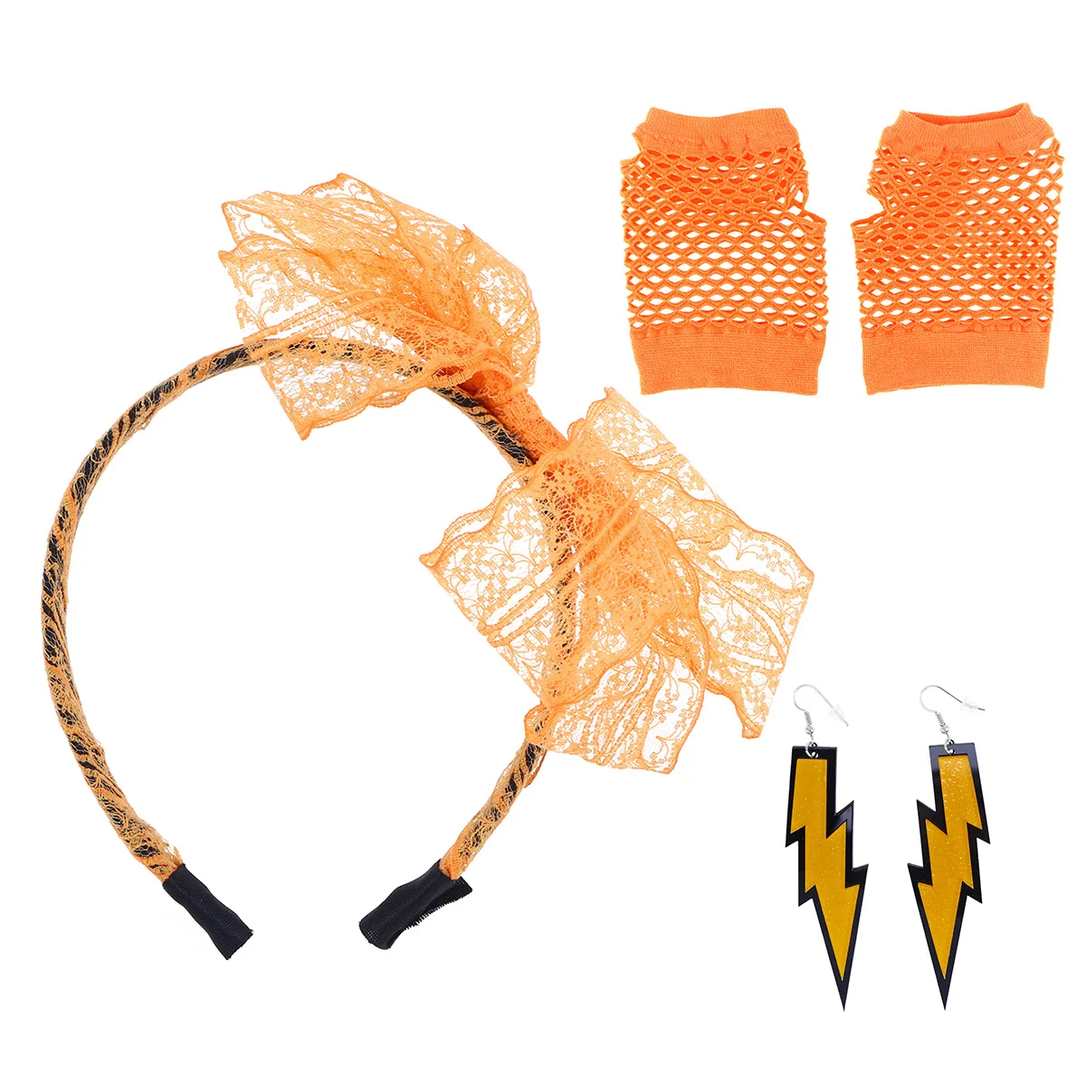 

Lace Headband Neon Earrings Fingerless Gloves 80s Halloween Dress Up Accessory Orange Lace Headband Neon Earrings