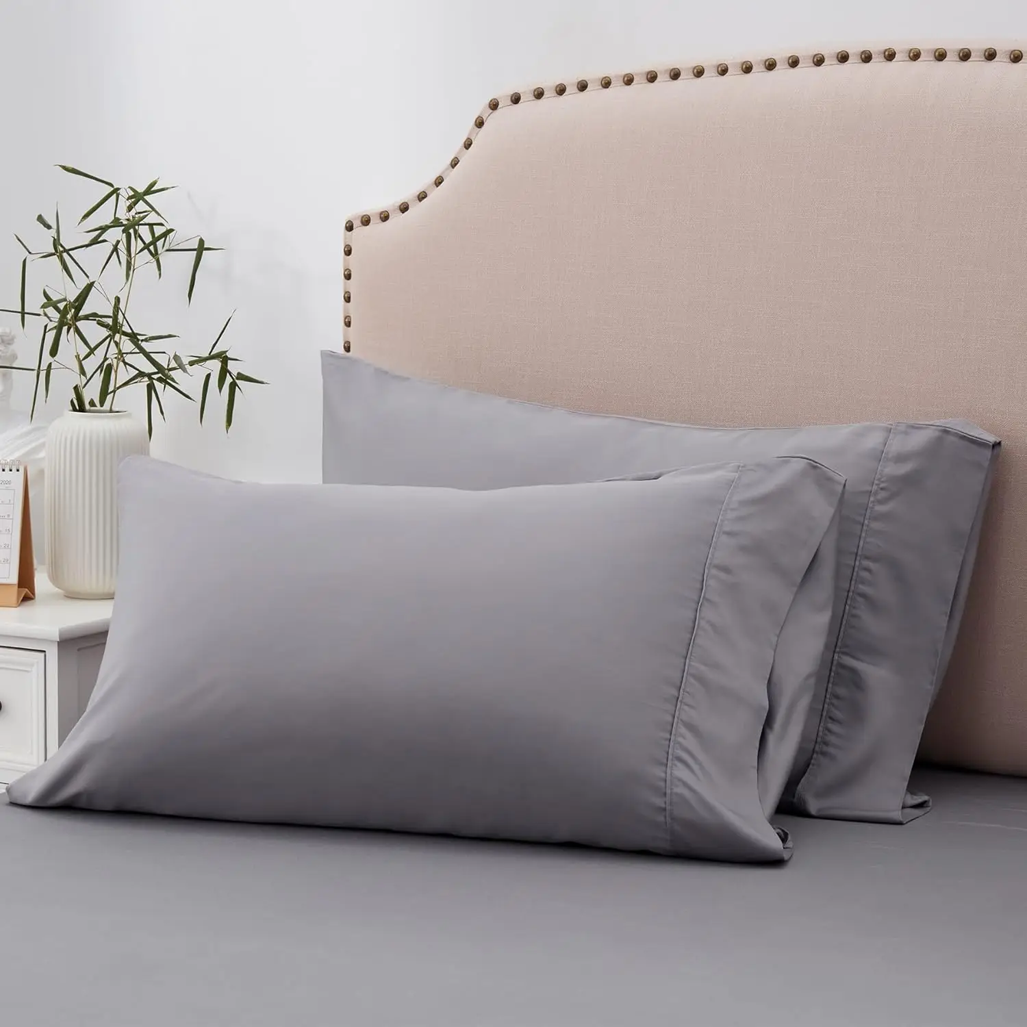 

King Size Cooling Pillowcases Set of 2 - Rayon from Bamboo, Soft Breathable Envelope Closure, Grey 20x40 Inches