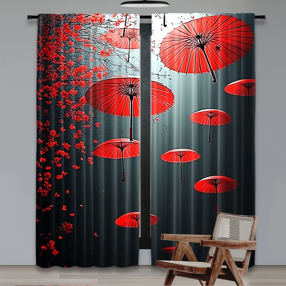 2Pcs Red Umbrella Curtains Red Flower Plant Curtains Aesthetic Art Funny Popular Curtains Suitable For Bedroom Living Room