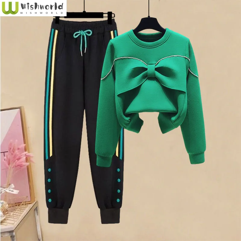 

Spring and Autumn 2022 New Korean Fashion Bowknot Space Cotton Loose Top Sport Casual Pants Elegant Women's Two Piece Set