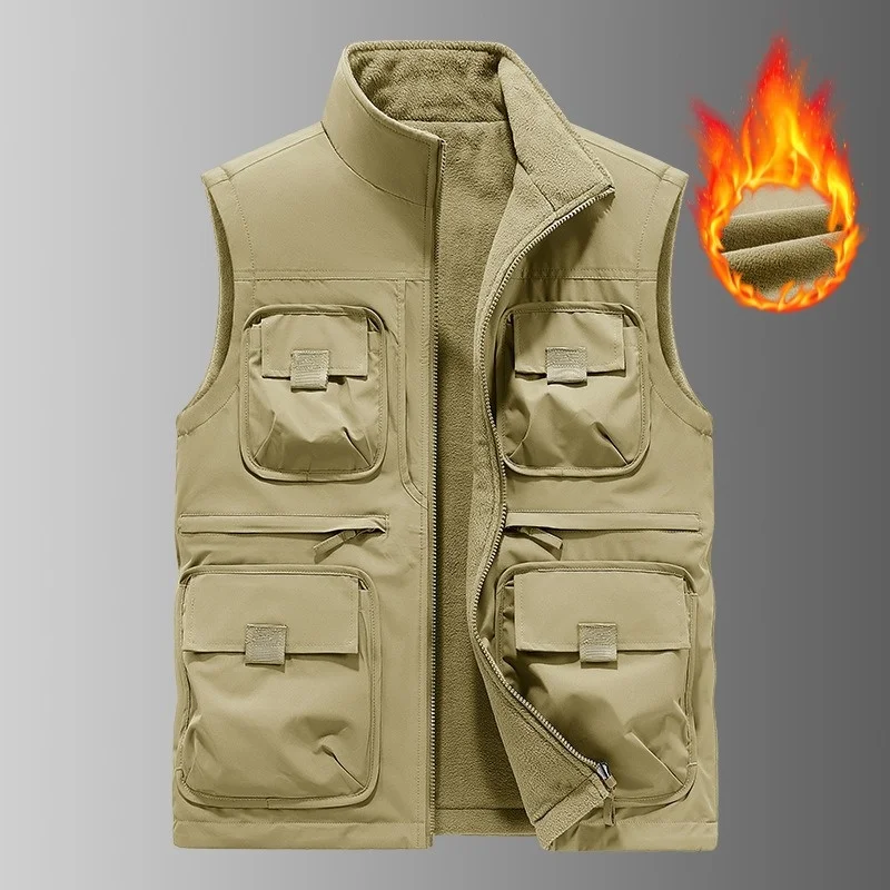Men's Fleece-Lined Tactical Vest, Warm Winter Sleeveless Jacket, Multiple Pockets, Outdoor Fishing and Hunting, Stand-Up Collar