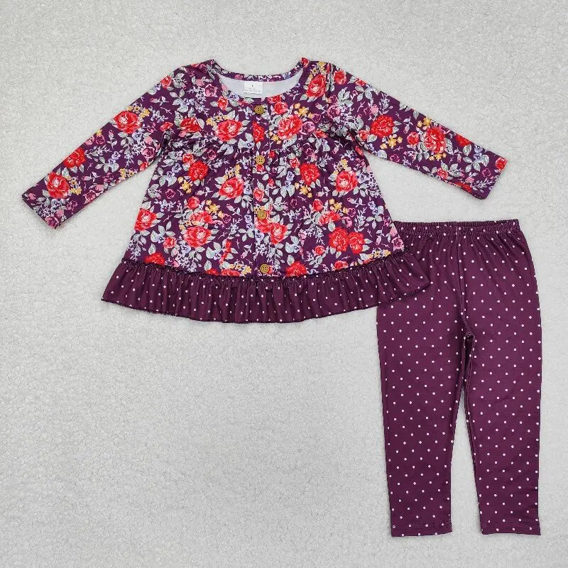 

Western clothe red flowers purple polka lace long sleeve suit purple polka pants for girl kid fall clothing girls outfits