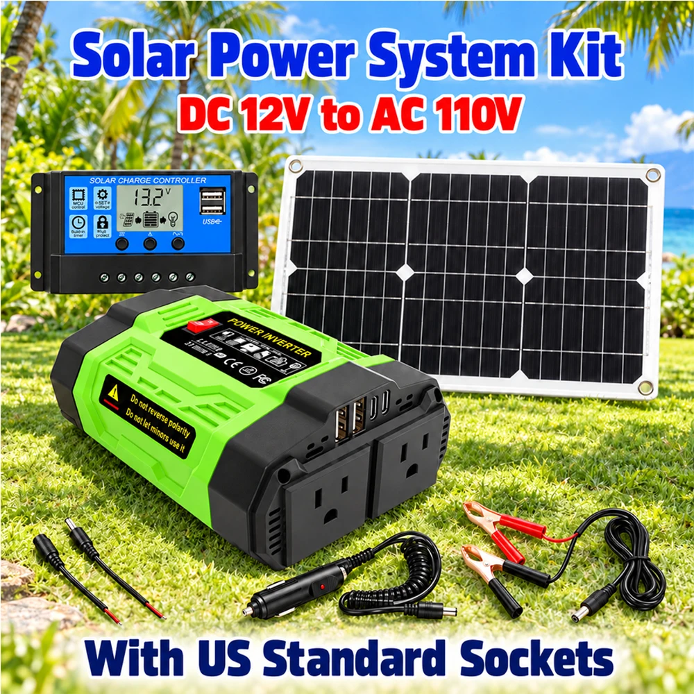 Complete Solar Panel Kit with 20W Solar Panel, 10A PMW Charge Controller and Inverter, DC 12V to AC 110V, for Camper, RVs, Vehicles and Other Off Grid Application