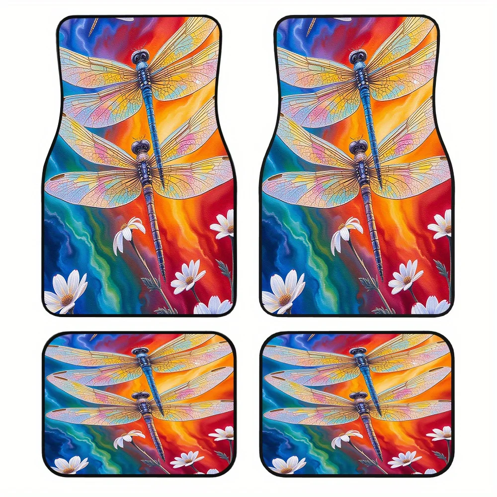 4pcs Vibrant Dragonfly & Blossom Watercolor Floor Mats - Durable Polyester, Non-Slip, Easy-Clean, Perfect For Family Travel & Da