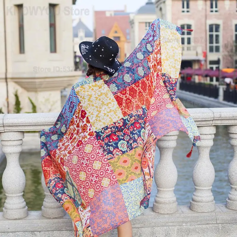 Boho Ethnic Handmade Frog Button Shawl Cotton Linen Sunscreen Outerwear Summer Versatile Beach Cover Up Seaside Travel Wrap