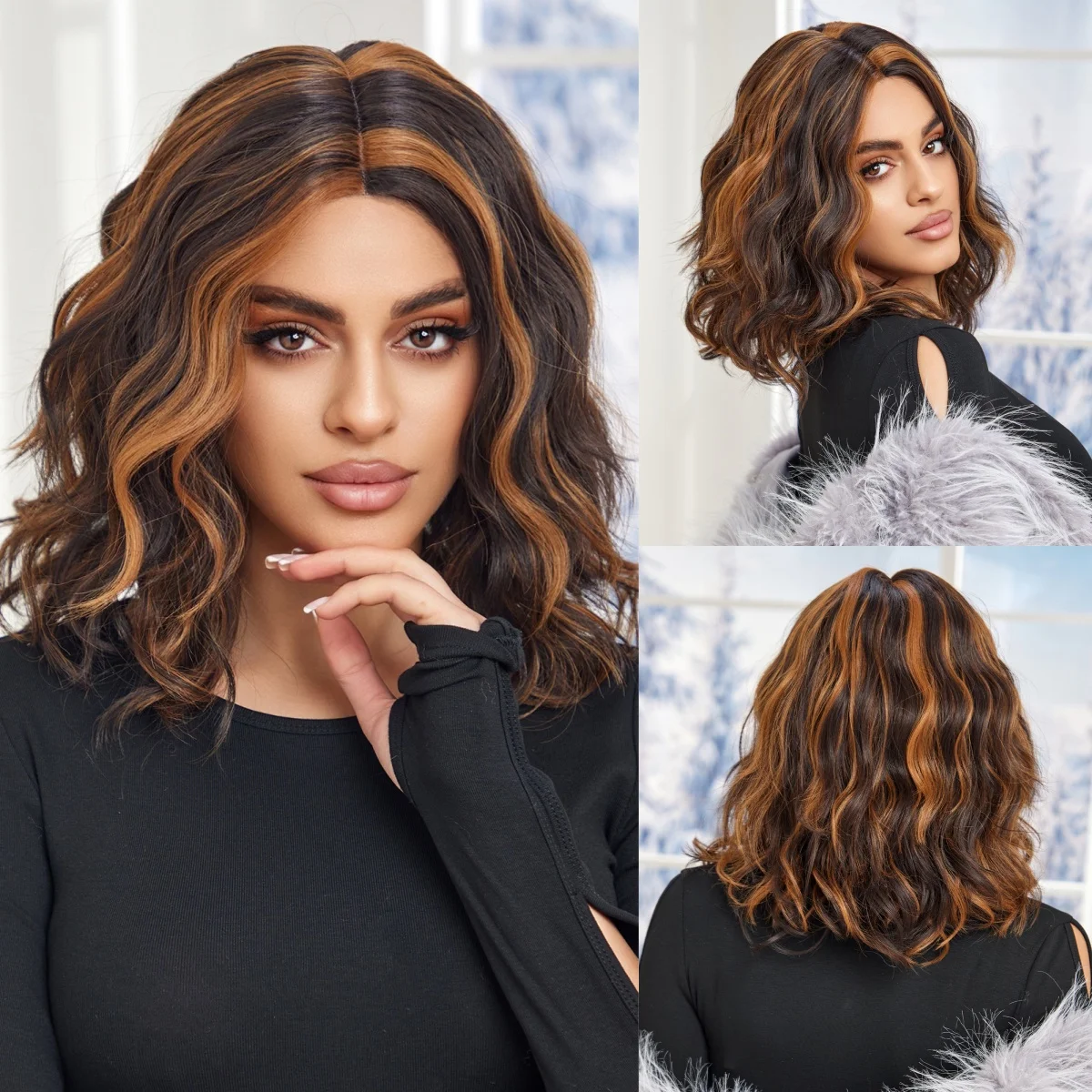 

HAIRCUBE Lace Front Synthetic Wigs Medium Brown Mixed Golden Highlight Short Kinky Wavy for Afro Women Lace Hair Daily Use Wigs